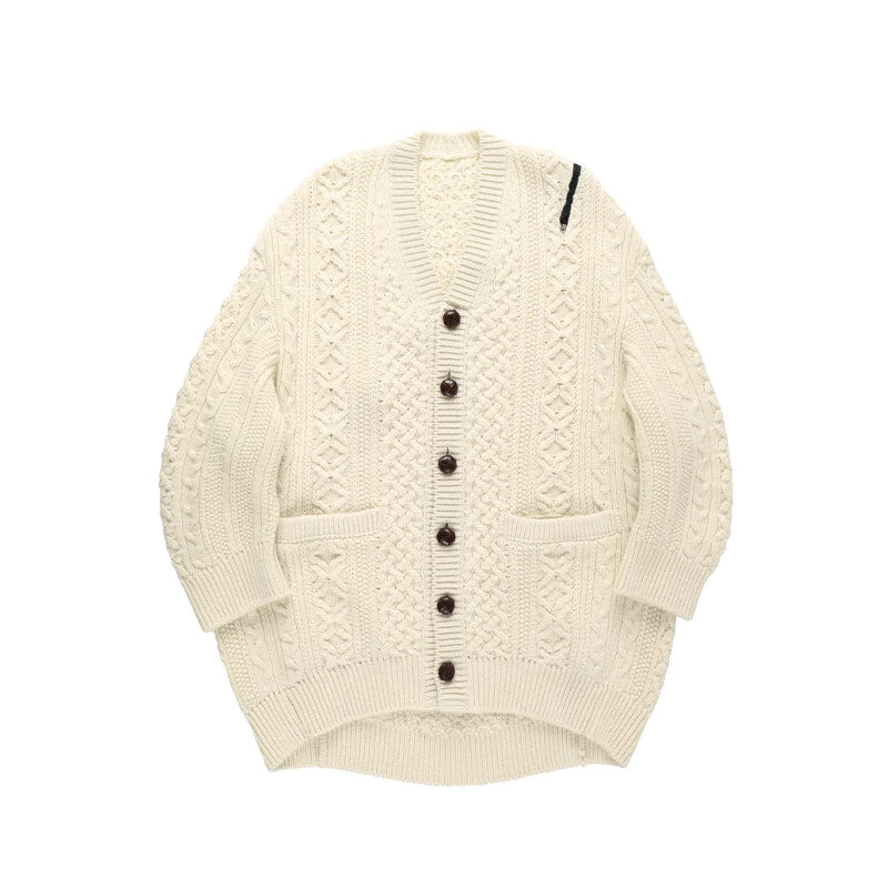 The Soloist Double Zip Balloon Shaped Aran Pattern Cardigan White