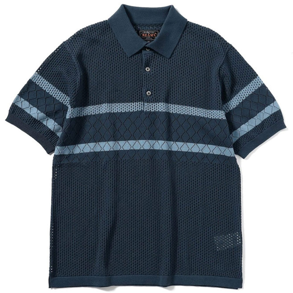 BEAMS PLUS | Knit Polo Mesh Stripe Navy