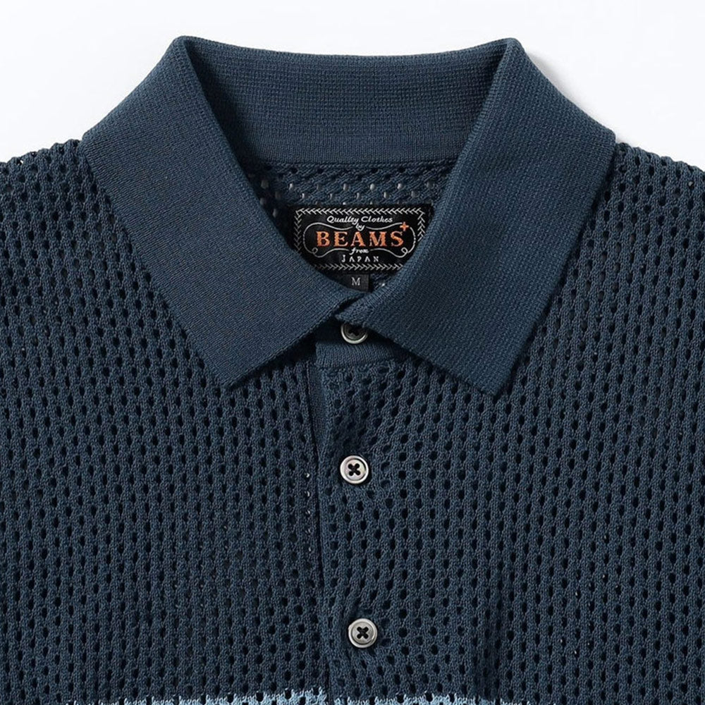 BEAMS PLUS | Knit Polo Mesh Stripe Navy
