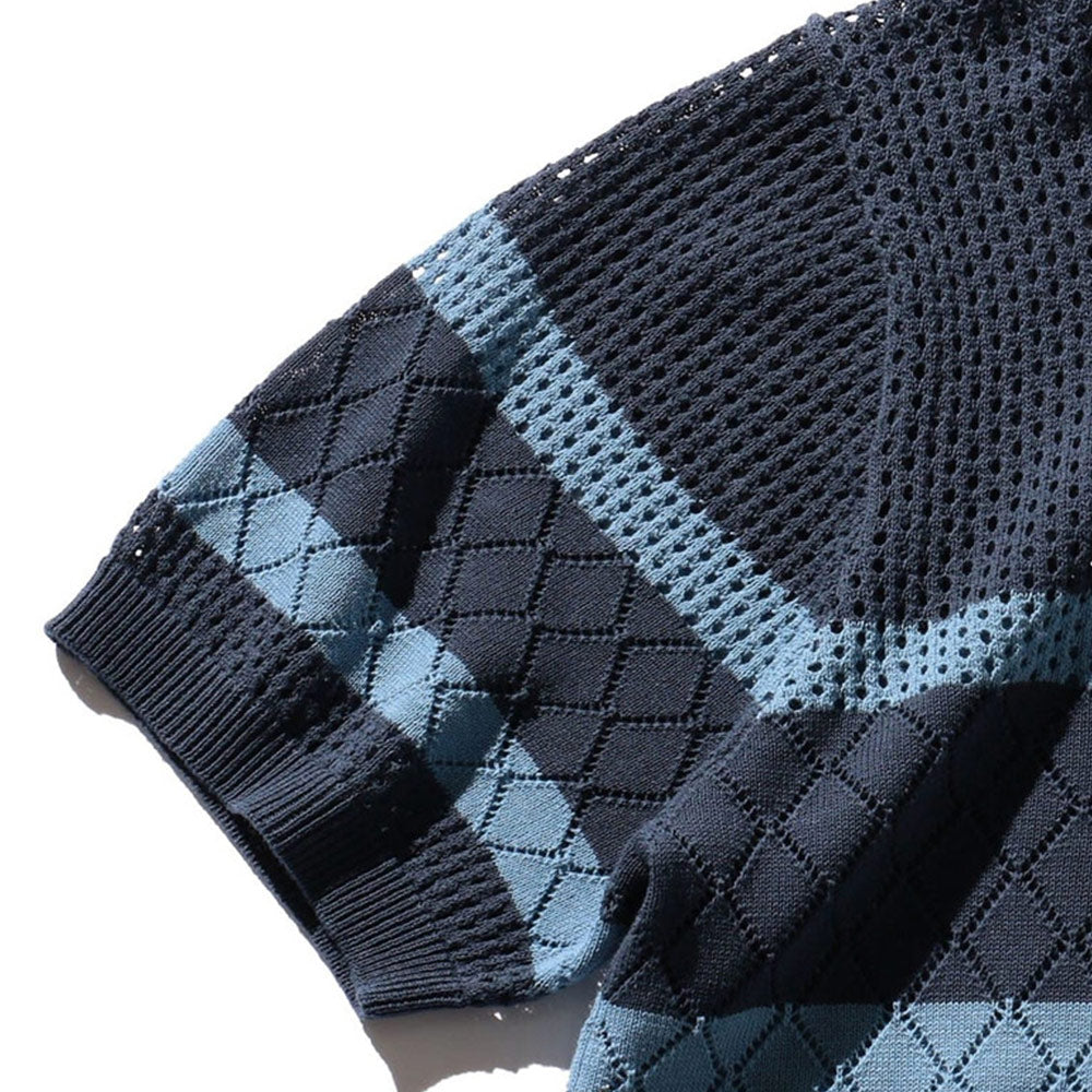 BEAMS PLUS | Knit Polo Mesh Stripe Navy