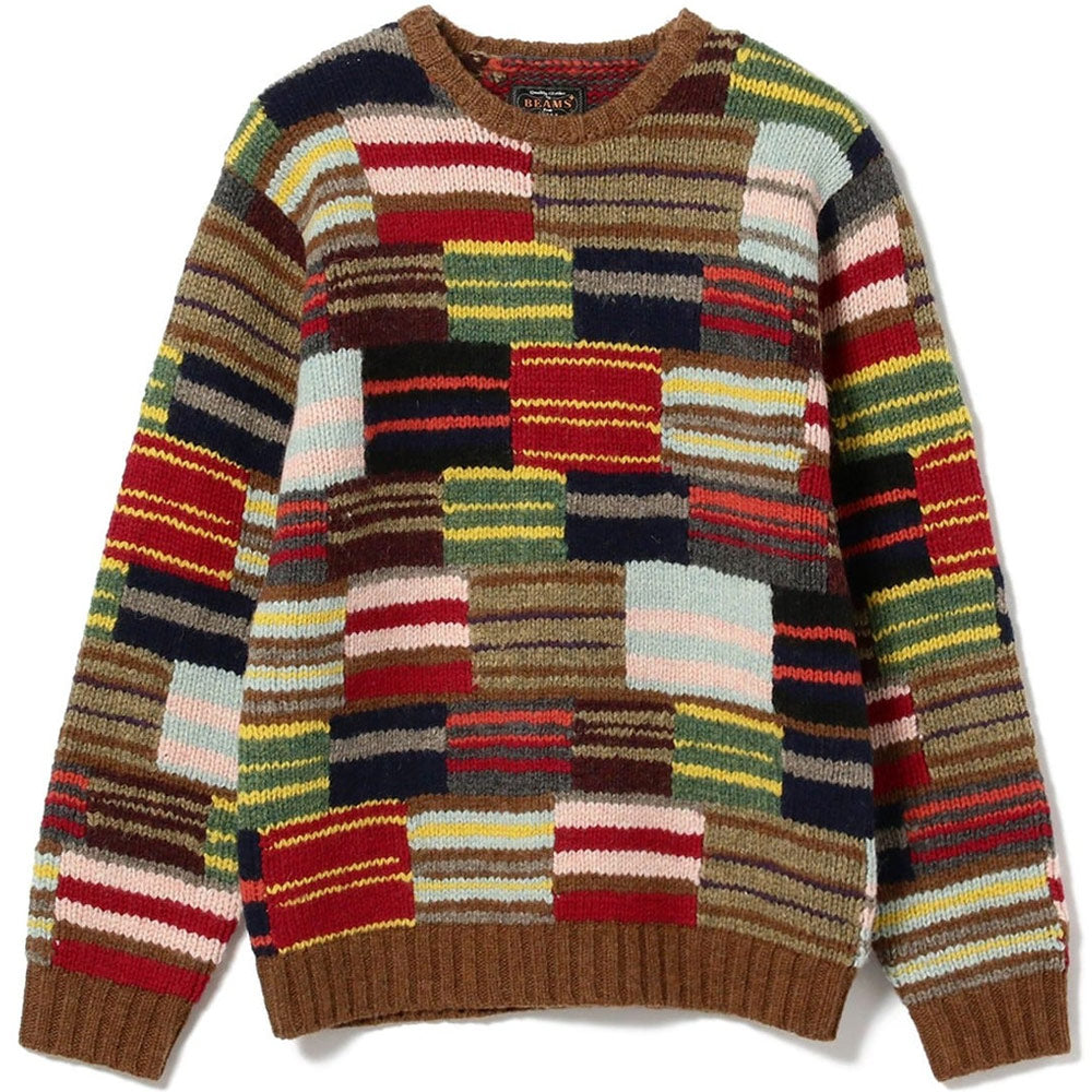 BEAMS PLUS | Crew Hand Knit Patchwork Sweaters Cable